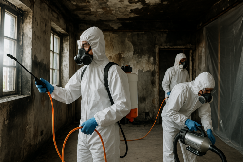Équipe en tenue de décontamination intervenant après sinistre dans un bâtiment fortement dégradé
