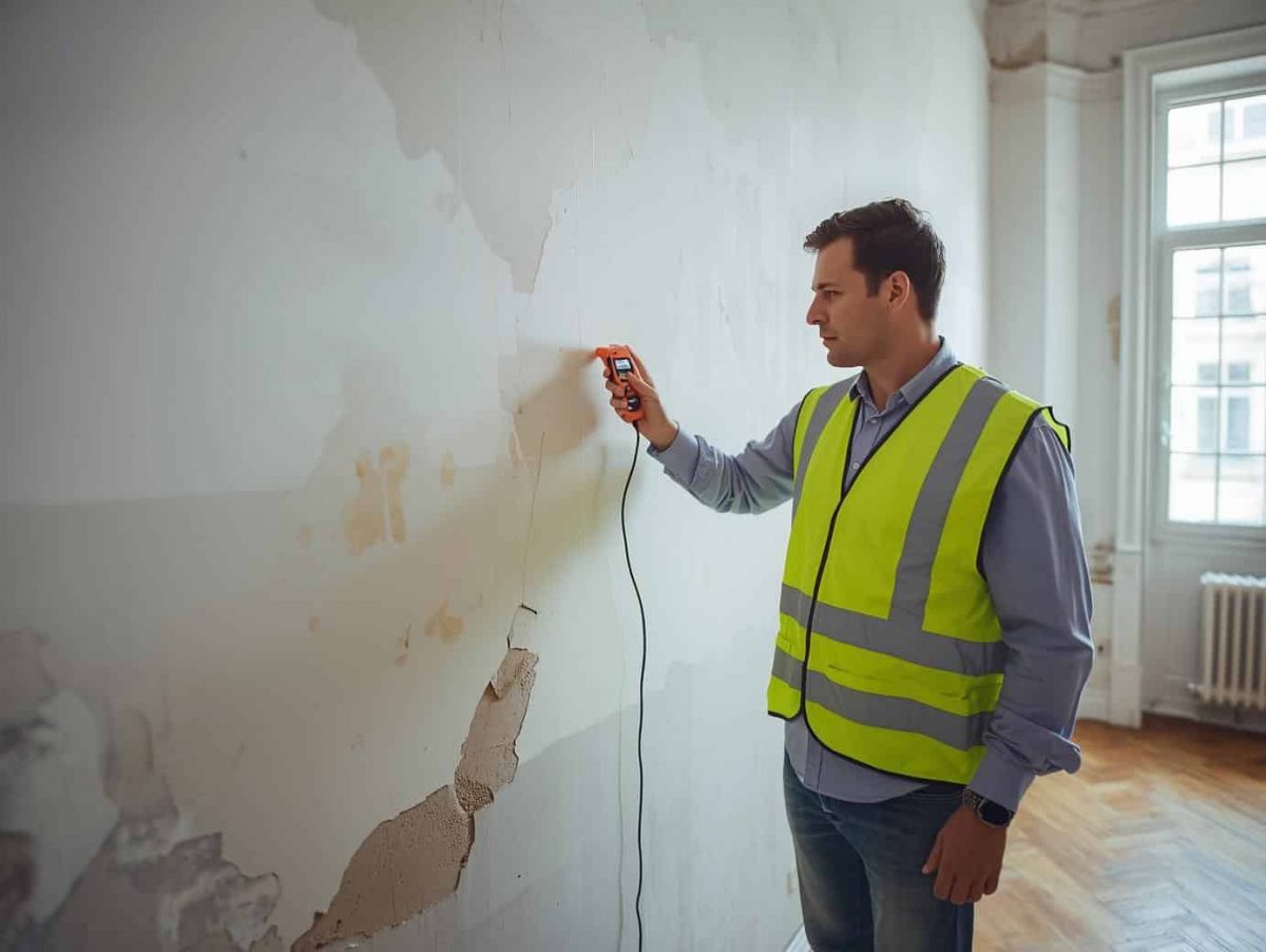 Expert mesurant un mur avec hygromètre